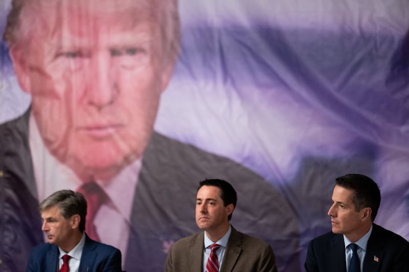 From left, Matt Dolan, Frank LaRose and Bernie Moreno attend the Columbiana County Lincoln Day Dinner in Salem, Ohio, on March 15.