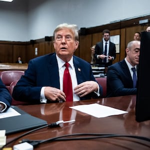 Former President Donald Trump appears with his legal team Todd Blanche, and Emil Bove ahead of the start of jury selection at Manhattan Criminal Court.