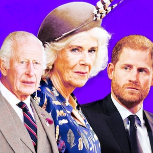 A photo illustration of King Charles, Queen Consort Camilla, and Prince Harry.