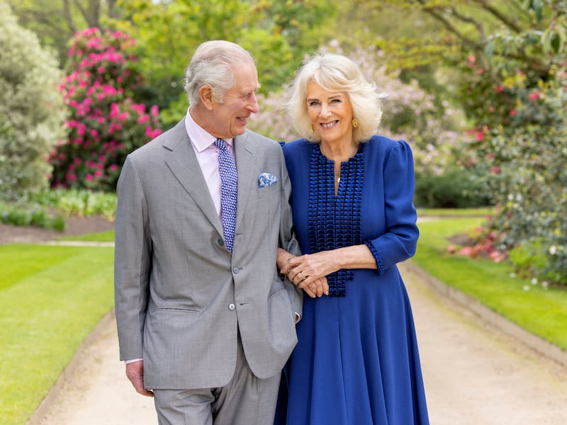 King Charles and Queen Camilla appear in Buckingham Palace Gardens the day after their 19th wedding anniversary, in London, Britain, April 10, 2024.