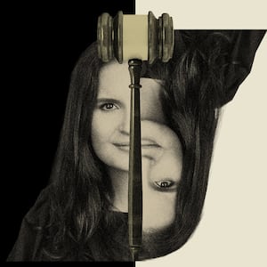 Photo illustration of two half portraits of Judge Aileen Cannon, one right side up and the other upside down, with a judge’s gavel in between.