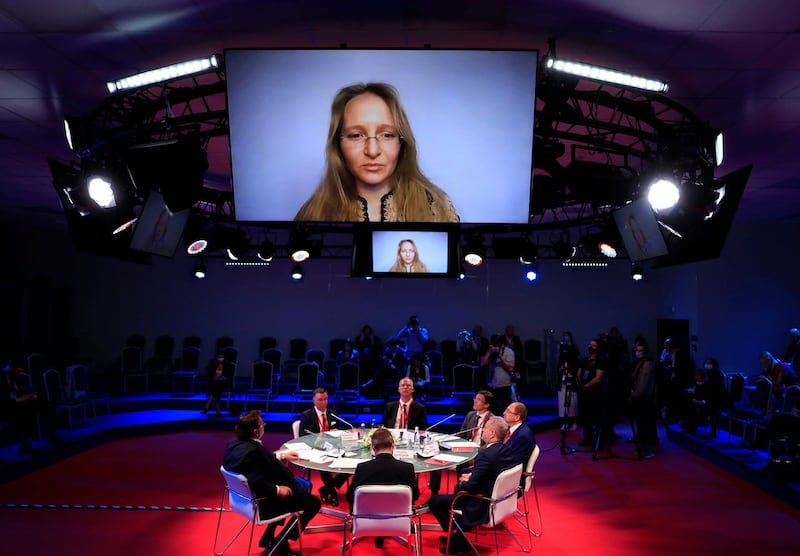 Katerina Tikhonova, deputy director of the Institute for Mathematical Research of Complex Systems at Moscow State University, daughter of Russian President Vladimir Putin, takes part in a session of the St. Petersburg International Economic Forum.