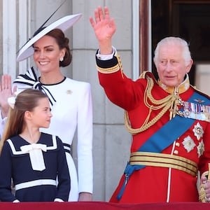 Catherine, Princess of Wales, Princess Charlotte of Wales and King Charles III during Trooping the Colour at Buckingham Palace on June 15, 2024 in London, England.