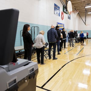 Voters line up in a polling location as voters in Ohio decide whether to enshrine abortion protections into the state constitution