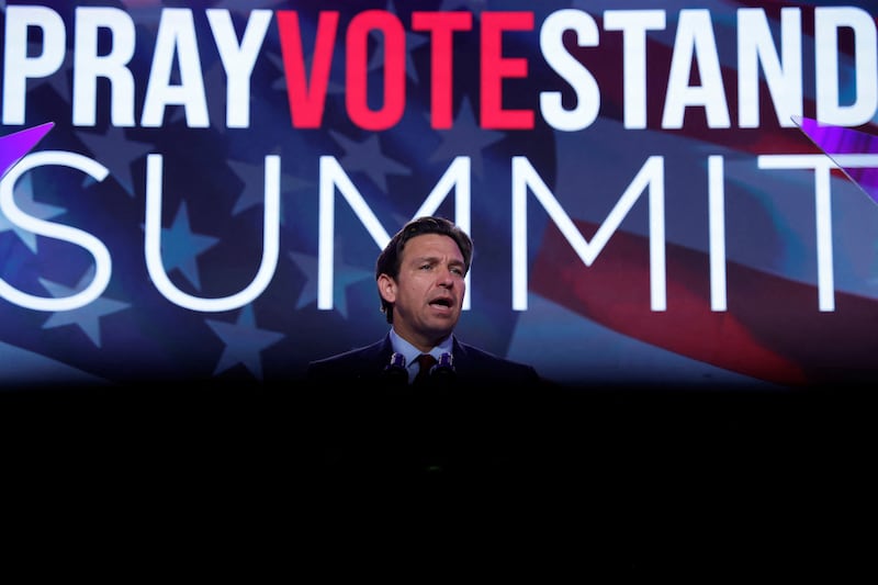 Florida Governor and Republican presidential candidate Ron DeSantis addresses the Pray Vote Stand Summit.