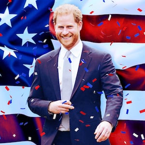 A photo illustration of Prince Harry and the United States flag background and confetti.