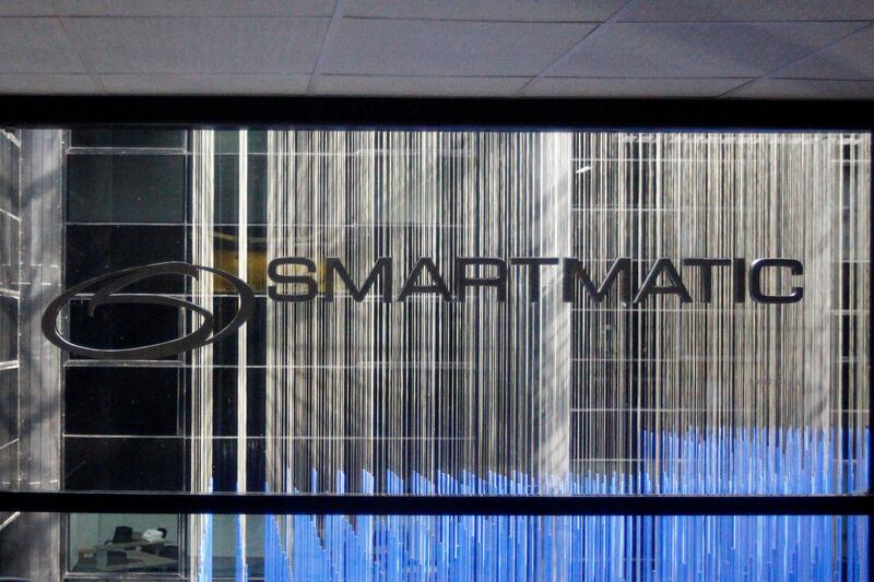 The corporate logo of Smartmatic is seen at its offices in Caracas, Venezuela August 2, 2017.