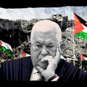 A photo illustration of president of the State of Palestine and the Palestinian National Authority Mahmoud Abbas and the destruction of Gaza.