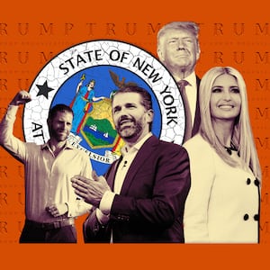 A photo illustration of Eric Trump, Donald Trump Jr., Ivanka Trump, Donald Trump, the seal of the New York Attorney General, and logos of the Trump Organization.