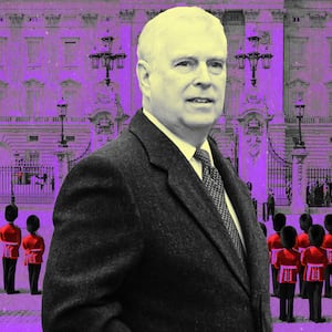 A photo illustration of Prince Andrew and Buckingham Palace.