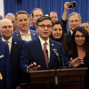 Rep. Mike Johnson (R-LA) speaks alongside fellow House Republicans after he was elected as the Republican House speaker nominee