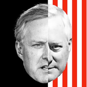 Photo illustration of two portraits of Mark Meadows on a black and red and white stripe background.