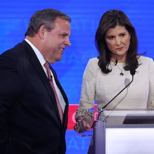 Chris Christie and Nikki Haley speak during the GOP debate.