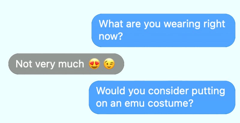 RFK: What are you wearing right now?  NUZZI: Not very much [HEART FACE EMOJI, WINKY FACE EMOJI]  Would you consider putting on an emu costume?