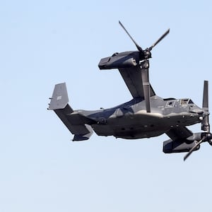 A CV-22B Osprey tilt-rotor military aircraft