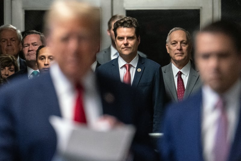 Former US Rep. Matt Gaetz (R-FL) arrives at Manhattan Criminal Court on May 16, 2024 in New York City and looks on at President-elect Donald Trump.