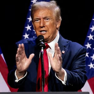 Republican presidential nominee and former President Donald Trump addresses the Detroit Economic Club in Detroit, Michigan, on Oct. 10, 2024. 