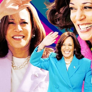 A photo illustration of Kamala Harris' fashion on the campaign trail.