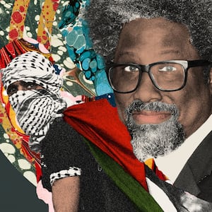 Photo illustration of W Kamau Bell and a Palestinian man