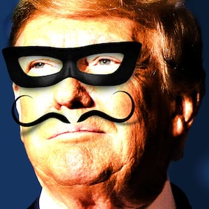 Photo illustration of Donald Trump with a black curly mustache and a black evil mask on a blue background