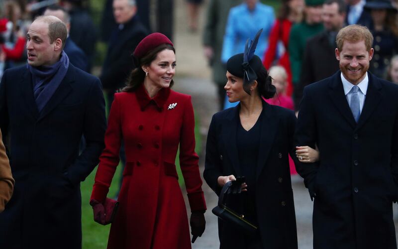 Prince William, Duke of Cambridge and Catherine, Duchess of Cambridge along with Prince Harry, Duke of Sussex and Meghan, Duchess of Sussex arrive at St Mary Magdalene's church for the Royal Family's Christmas Day service, December 25, 2018.