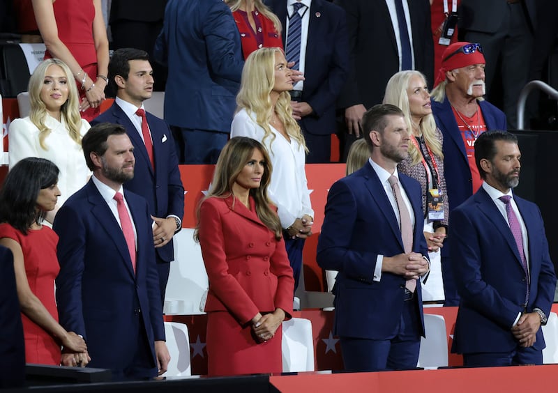 Donald Trump Jr., Eric Trump, former first lady Melania Trump , Republican vice presidential candidate, U.S. Sen. J.D. Vance (R-OH) and Usha Chilukuri Vance  look on during the fourth day of the Republican National Convention at the Fiserv Forum.