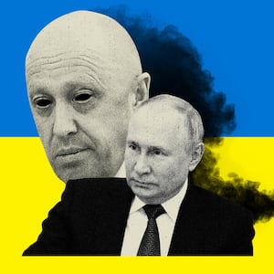 Photo illustration of Yvegeney Prigozhin and Vladimir Putin with black smoke behind them.