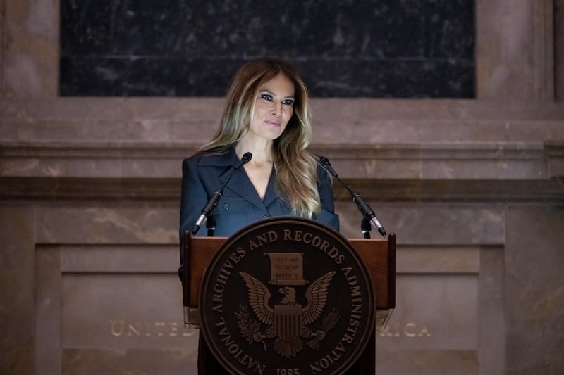 Melania Trump speaks during a Naturalization Ceremony at the National Archives building in Washington, DC on December 15, 2023.