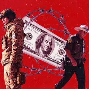 A photo illustration of a Ukrainian soldier, US Border Patrol agent, and money wrapped in barbed wire.