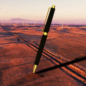 A photo illustration of a giant pen stuck into the ground in Solano County, California.