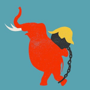 Illustration of a red Sisyphean elephant holding a ball and chain on its back with Trump hair