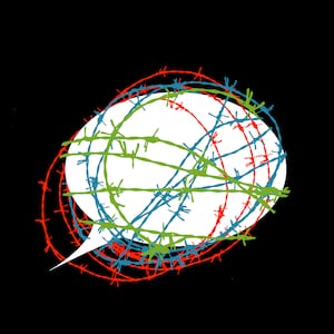 Illustration of a speech bubble with red, green, and blue barbed wire