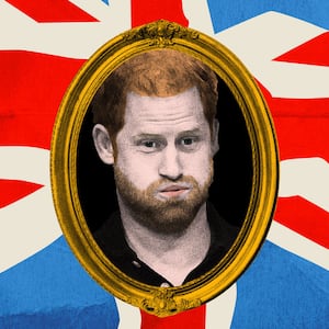 Photo illustration of Prince Harry in a gold frame on a Union Jack background.