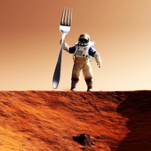 illustration of astronaut holding a fork as a pitchfork on mars red planet michelle perchonok the martian cooking boiling shelf life delivery nasa international space station living on mars