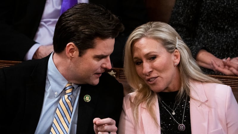 Rep. Marjorie Taylor Greene, R-Ga., and Rep. Matt Gaetz, R-Fla., are seen on the House floor on Thursday, January 5, 2023.