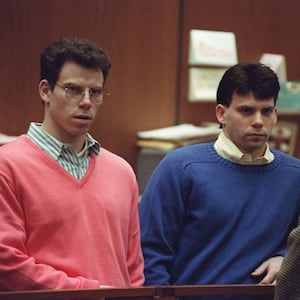 Brothers Erik  and Lyle Menendez listen during a pre-trial hearing on December 29, 1992, in Los Angeles