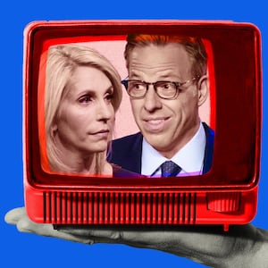 Photo illustration of a person holding a vintage TV with Dana Bash and Jake Tapper inside it