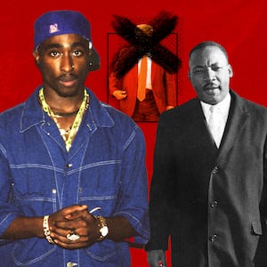 A photo illustration of Tupac, MLK, and obscured former President Donald Trump.