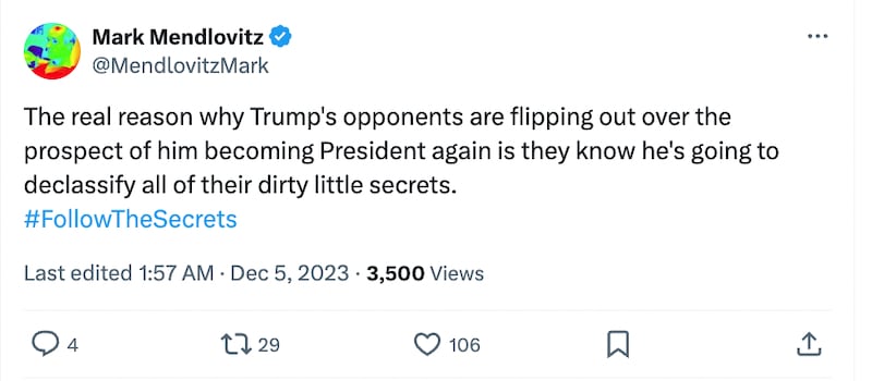 A tweet shared by the pro-Trump activist and self-identified journalist Mark Mendlovitz on X, the social media platform formerly known as Twitter, misidentifying Kamala Harris’ race.