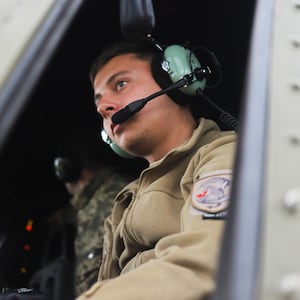 A photograph of Andriy, a member of Ukraine's 10th Army Aviation Brigade.