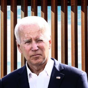 An illustration including a photo of U.S. President Joe Biden and the Texas and Mexico Border