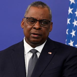 Photograph of US Secretary of Defense Lloyd Austin speaks during a joint press conference