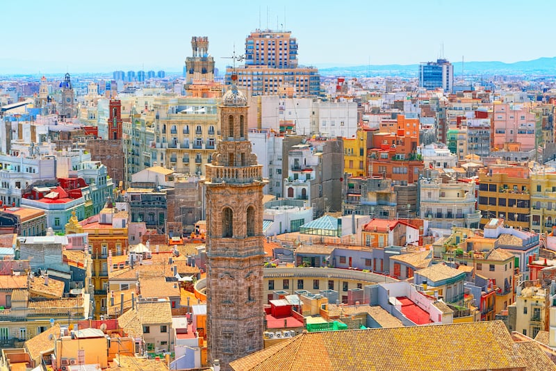 Panoramic view of squares, buildings, and streets in Valencia, Spain.