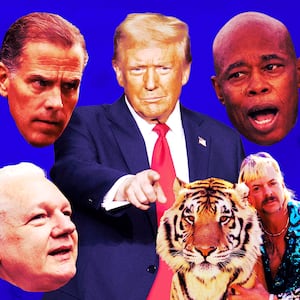 An animated GIF of Donald Trump, Eric Adams, Hunter Biden, Julien Assange, and Joe Exotic.