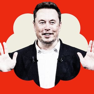 Photo illustration of Elon Musk with his hands up in a off-white center of a X verification symbol on a red background.