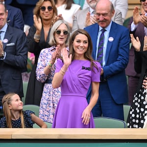 Stefan Edberg, Princess Charlotte, Marjory Gengler, Catherine, Princess of Wales, Stan Smith, Tom Cruise, Bec Hewitt and Debbie Jevans at Wimbledon, July 14, 2024 in London, England.