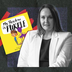 A photo composite of teacher Katie Rinderle who was fired from a Georgia school for reading the book My Shadow is Purple