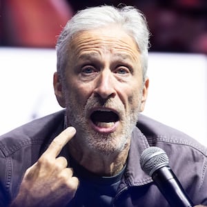 NEW YORK, NEW YORK - SEPTEMBER 07: John Stewart reacts during the Roommates Show Block Party at Rumsey Playfield, Central Park on September 07, 2024 in New York City. (Photo by Michelle Farsi/Getty Images)