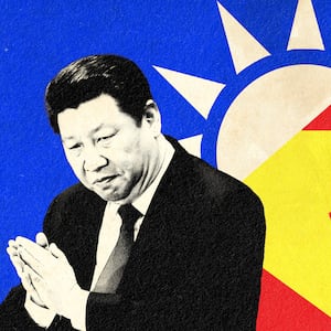 A photo illustration of Xi Jinping with his hands together with the Chinese star and Taiwanese Sun mashed up together behind him