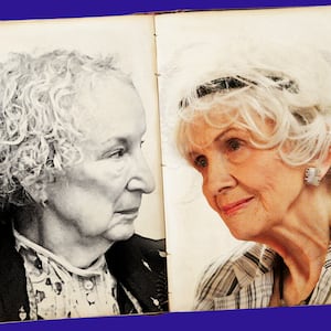 Photo illustration of Margaret Atwood and Alice Munro in a book